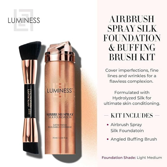 LUMINESS Silk Airbrush Spray Foundation & Buffing Brush Kit – Full Coverage Foundation & Dual-Sided Buffing Brush - Buildable Coverage, Anti-Aging Formula Hydrates & Moisturizes (Shade - Warm)