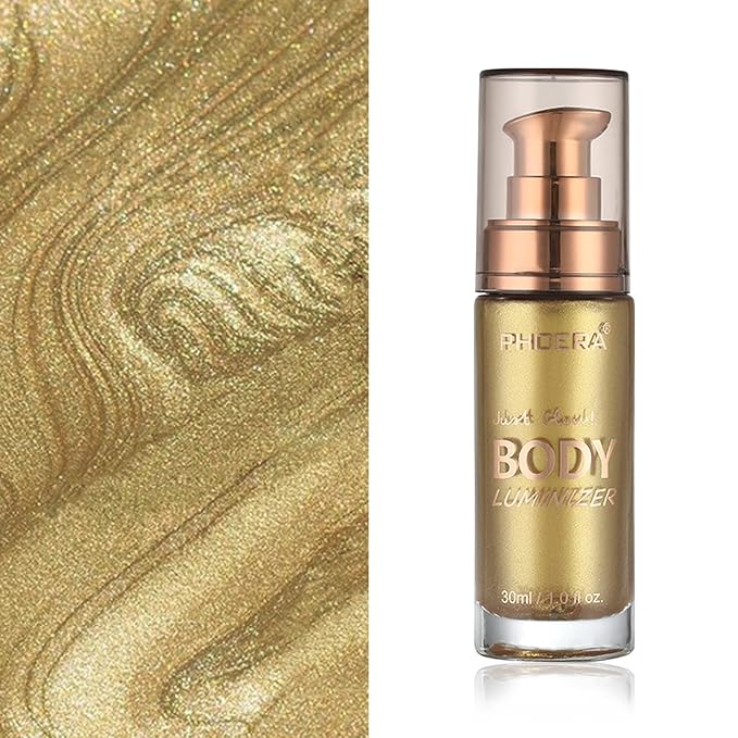 Shimmer Oil, Waterproof Long Lasting Moisturizing Bronze Body Luminizer Glow for Face & Body, Liquid Illuminator Highlighter 1oz/Jars, Makeup Brush Included (Metallic Gold #02)