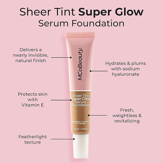 MCoBeauty Super Glow Sheer TINT Serum Foundation 7-8, Ultra-Invisible, Skin Perfecting, Lightweight, with Kiwi Fruit Extract and Shea Butter, Vegan, Cruelty Free Cosmetics