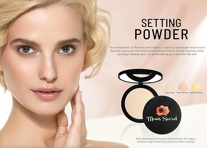 Mom's Secret Natural Translucent Setting Powder, 70% Organic, Vegan, Gluten Free, Cruelty Free, Made in the USA, 0.42 oz. (Sheer Light)