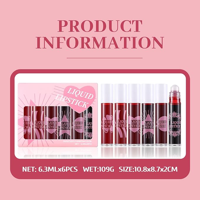 6 Colors Roll on Lip Tint Stain Set, Watery Vivid Color Waterproof Long Lasting Lip Gloss, Non-Stick Cup High Pigment Korean Liquid Lipstick Set, Multi-Use Lip and Cheek Tint Makeup