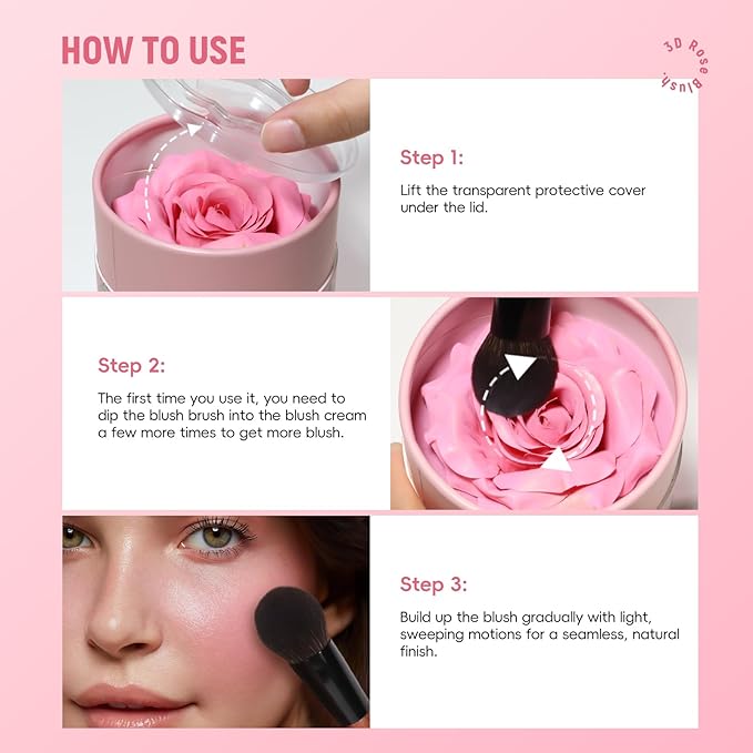 3D Rose Petal Blush for Cheeks, Soft Pink Cream to Powder Flower Blush Makeup Gift for Women, Natural Nude Dewy Finish Shimmer Buildable Face Rouge Rubor Highlighter Contour Makeup-Soft Pink