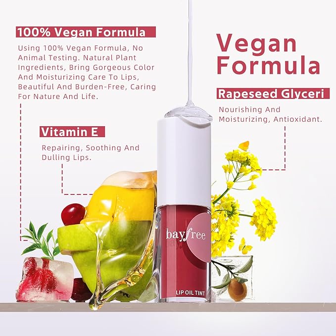Tinted Hydrating Lip Oil, Korean Makeup Lip Gloss, High Shine, Pigmented Color, Soft Lightweight, Strong Moisturizing, Non-Sticky Lip Oil Tint for Dry Lips, for Healthy Lips All Day Long,Vegan