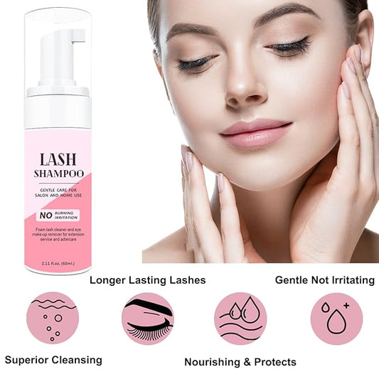 50ml Eyelash Extension Cleanser, Lash Shampoo for Lash Extensions 50pcs Eyelash Brush Cleaning Brush Makeup Remover Pad and Rinse Bottle for Lash Cleaning for Salon Home Use(Black