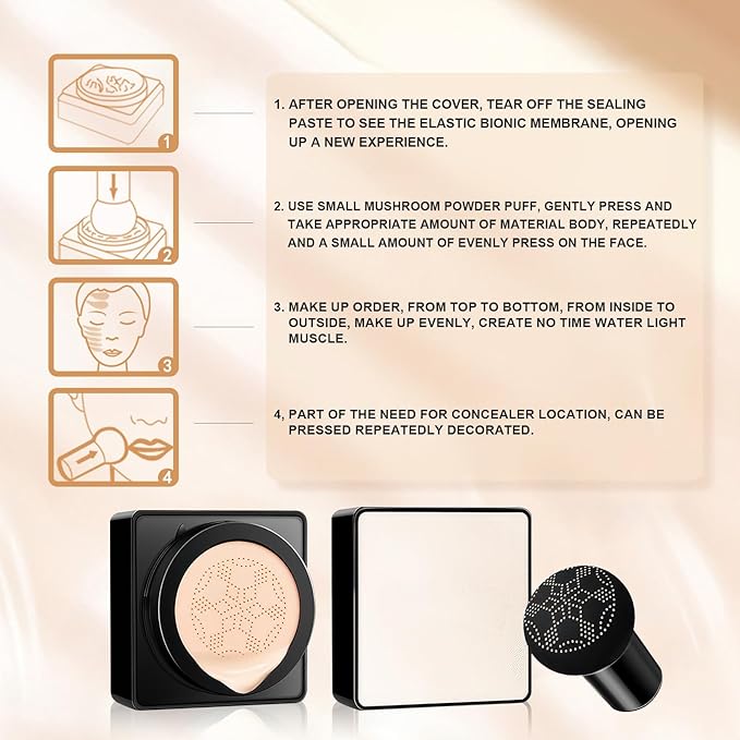 Air Cushion CC Cream - Long-Lasting Brightening Mushroom Head BB Cream Foundation for Face Makeup, Moisturizing Full Coverage Self Adjusting Concealer for Even Skin Tone (Nude, 1 PCS)