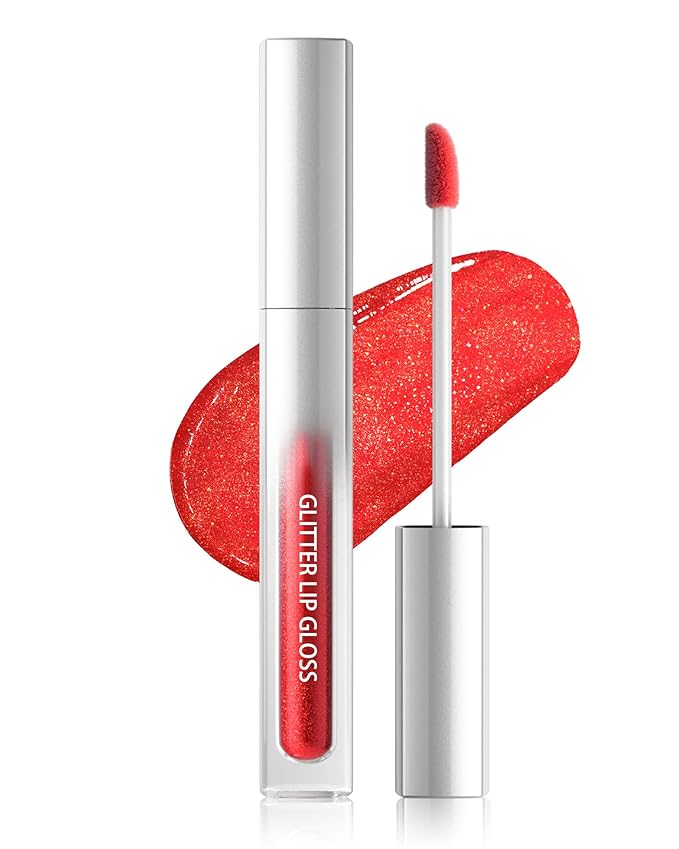 Red Metallic Liquid Lipstick, Non-Stick Cup Glitter Lip Gloss, High Pigmented Lip Color with Transfer-proof Wear, Long Lasting Waterproof Shimmer Sparkly Lipstick Cosplay Makeup for Women-04