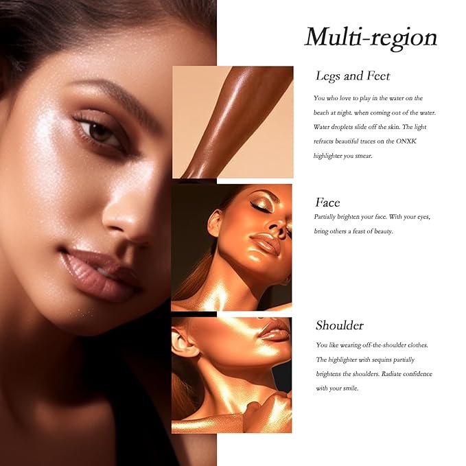 Body Glitter Oil Liquid Luminizer - Glow Hightlighter Shimmer Oil Illuminator Waterproof Long Lasting Moisturizing for Body & Face Bronzer Smooth Lotion with Makeup Brush by ONXK(#03 Rose Gold)