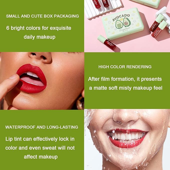6 Colors Lip Tint Stain Set,Korean Velvet Water Lip Tint,Natural Lip and Cheek Tint, Long lasting Non-Stick Cup Waterproof