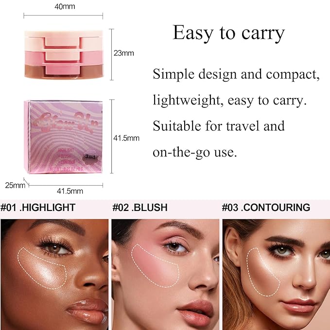 3-in-1 Blendable Trio, Contour and Highlight Blush Makeup Palette, Cream Bronzer, Silky Smooth Powder Blush, Shimmer Highlighter Makeup Powder, Travel-Friendly Stackable Make Up Kit with Mirror(01)