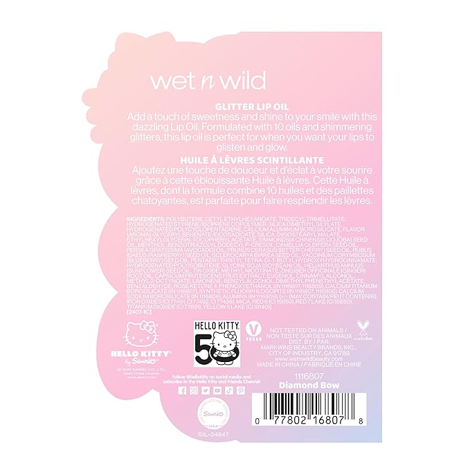 wet n wild Hello Kitty Glitter Lip Oil, New 10 Oil Infused Formula, Warm Apple Pie Lightly Scented, Sparkly Bold Colors, Cruelty-Free & Vegan - Diamond Bow