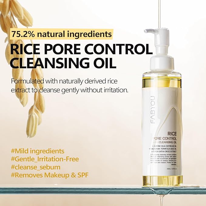 FABYOU Rice Pore Control Cleansing Oil 6.76 fl oz – Korean Skin Care for Deep Pore Cleansing, Moisturizing & Nourishing, Hypoallergenic, Plant-Based Oils, for Clear and Smooth Skin