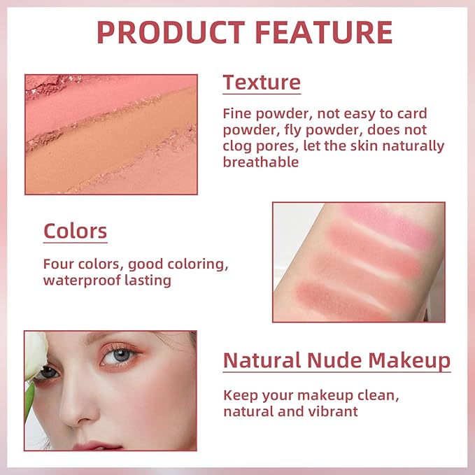 4 in 1 Blush Palette, 4 Colors Matte Face Powder Blush for Cheek, Strawberry Red, Poppy Peach, Shy Pink, Coral Orange Face Rouge Long Lasting High Pigment Lightweight Korean Blush Makeup03#