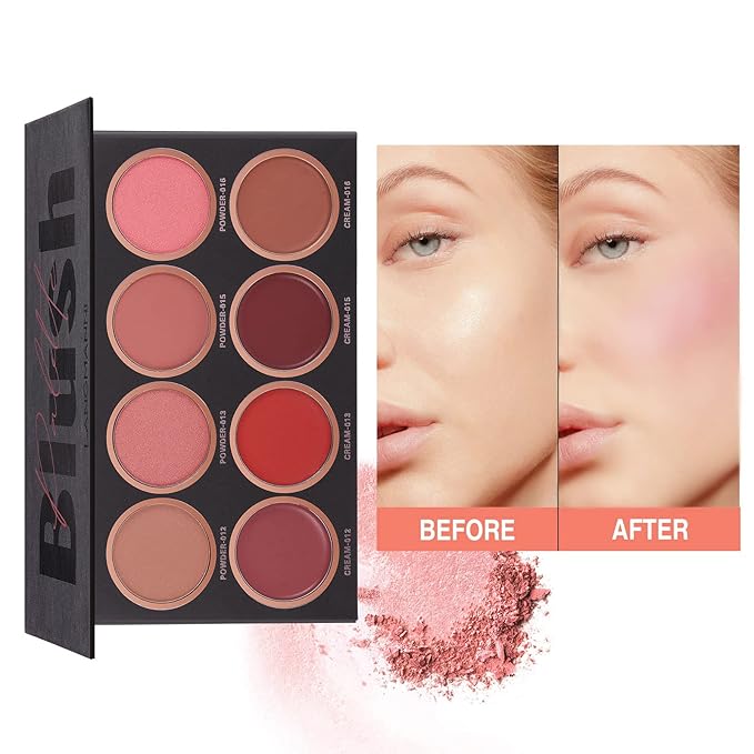 8 Colors Face Blush Palette, Matte Mineral Powder Bright Shimmer for Cheek and Eye Shadow Make-up, Contour and Highlight, Women Facial Makeup Plate