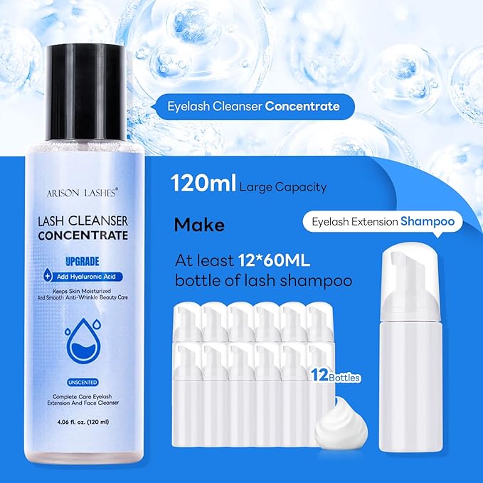 ARISON LASHES Lash Shampoo Concentrate, 120ml Large Capacity Eyelash Cleanser Concentrate, Upgraded Professional Lash Extensions Shampoo - Unscented, Make 24 Bottles 60ml Shampoo