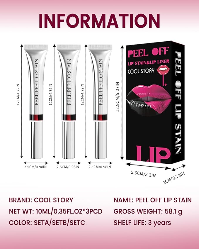3Pcs Peel Off Lip Stain & Lip Liner Set Long Lasting,Tattoo Lipstain Peel Off Lip Gloss Nude Matte Lipstick, Waterproof,Transfer-Proof Lip Tint for All-Day Wear Women Lip Stain Color Makeup Gift-A