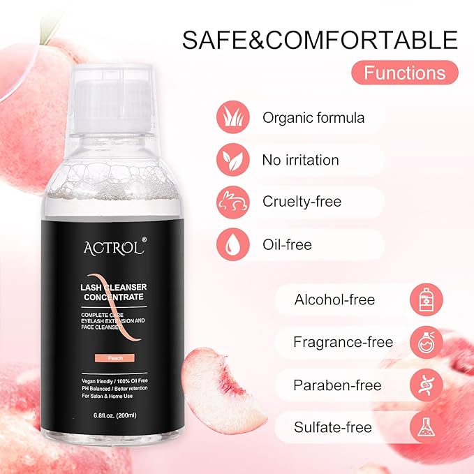 Eyelash Cleanser Concentrate 200ml Peach Professional Lash Shampoo Foaming Cleanser Paraben & Sulfate Free Non-lrritating Wash for Extensions Lashes with Salon Home Care-Makes 40 Bottles