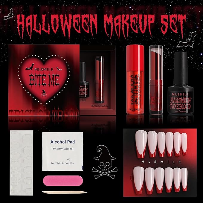 Halloween Makeup Kit,Halloween Press On Nail With Tools,SFX Make up Set Fake Blood Cream,Powder Lipstick,two-tone eyeshadow,2024 New Halloween Party Supplies