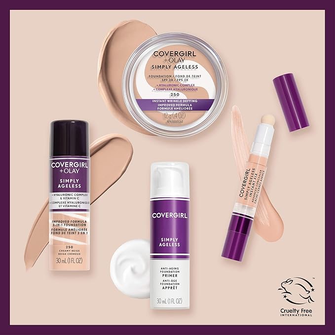 CoverGirl & Olay Simply Ageless 3-in-1 Liquid Foundation, Matte Finish, Hyaluronic & Vitamin C Formula, Cruelty Free, Toasted Almond, 1 Count