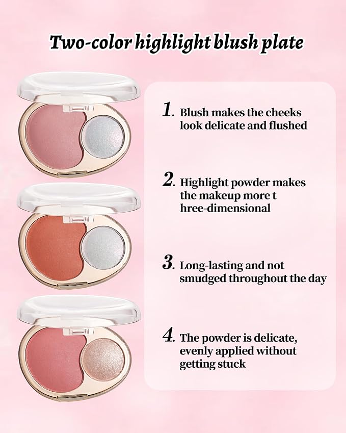 Blush and Highlighter Palette,2 in 1 Orange Blusher Pearl Shimmer Highlighter,Matte Blusher and Bronzer for Face Cheeks,Longlasting Waterproof Facial Makeup Set with Brush,Makeup Gift for Women-03