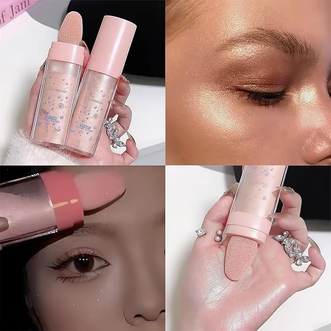 3 PCS Glitter Powder Highlighter Makeup Stick, Pat the Powder Body Highlighter Face Fine Flash Natural Three-Dimensional Contouring Blush Highlighter Stick-White, Pink, Golden brown