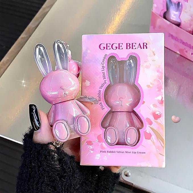 Pack of 3 Matte Lip Stain, Pink Bunny Cute Lipstick, 3 Colors Velvet Lip Glaze Set, Kawaii Makeup Kit for Women, Creative Keychain Design Easy to Carry (Set A(123#))