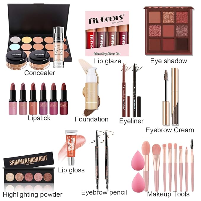 Pure Vie All-in-One Holiday Gift Surprise Makeup Set Essential Starter Bundle Include Eyeshadow Palette Lipstick Concealer Blush Mascara Eyeliner Face Powder Lipgloss Brush - Full Makeup Kit for Women
