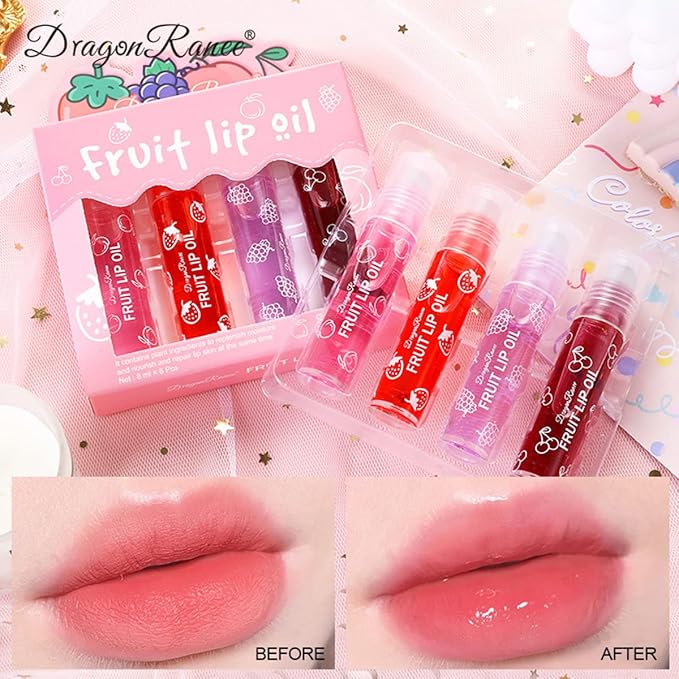 4 Pcs Fruit-Flavored Lip Gloss Set,Transparent Colorless Moisturizing Plumper Lip Lotion Rolling Ball Lip Oil Liquid Lipstick