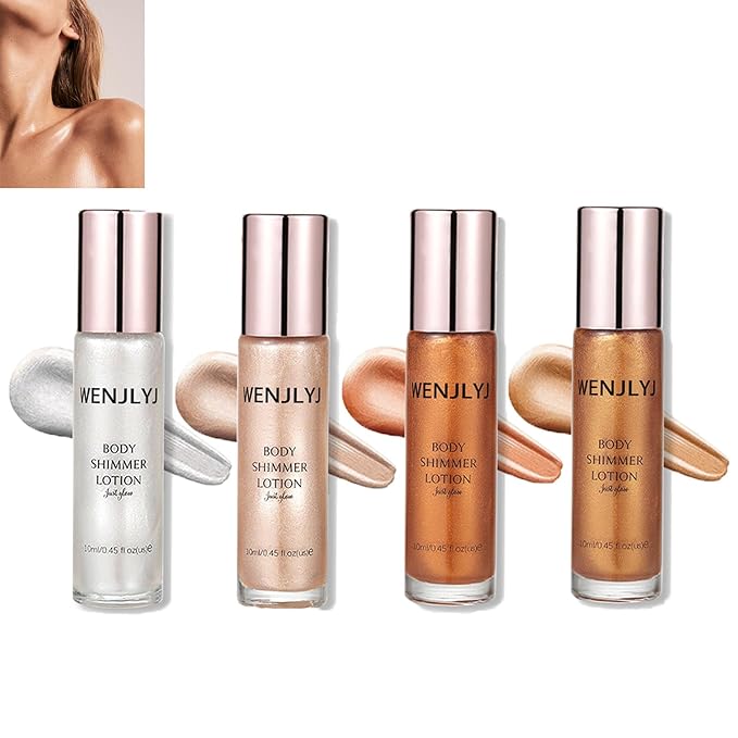 Body Shimmer Oil Set,Waterproof Body Glitter Oil for Face & Body,High Glossy Long Lasting Moisturizing Body Luminizer Glow,Multi-purpose Body Glitter Oil Liquid Illuminator Highlighter(4 Pcs)