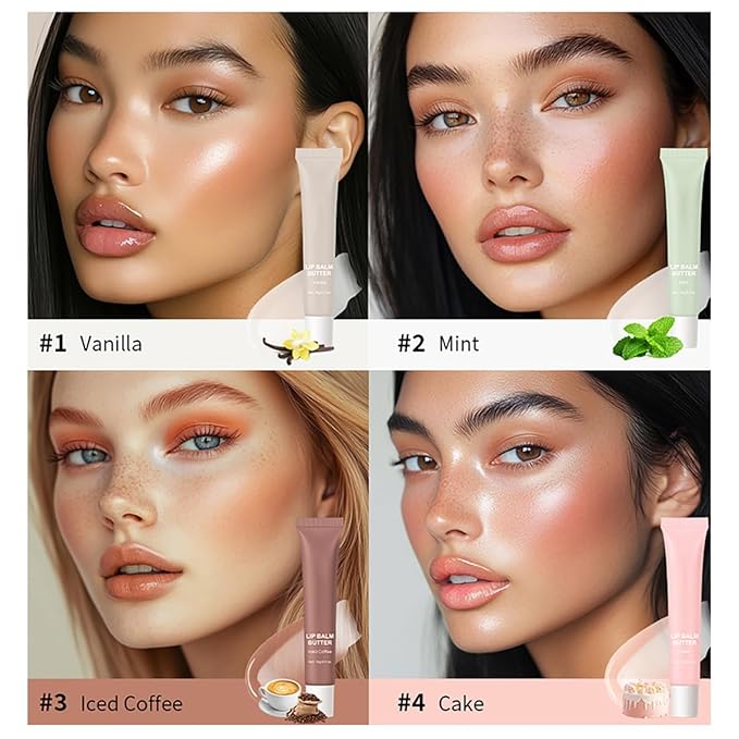 4 Flavors Summer Special Butter Lip Balm Lip Tint Hydrating Lip Gloss, High Shine Nude Color Nourishing Lip Care Finish Lip Glow Oil (4 Color, 0.5 Oz)