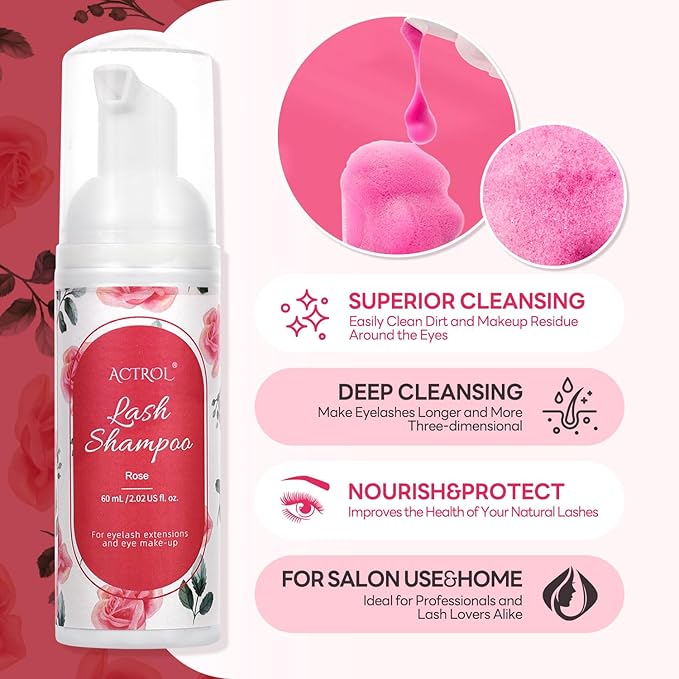 Eyelash Extension Cleanser 60ML Colored Red Rose Lash Extension Shampoo Professional Eyelid Foaming Cleanser Paraben & Sulfate Free Non-lrritating with Salon and Home Care