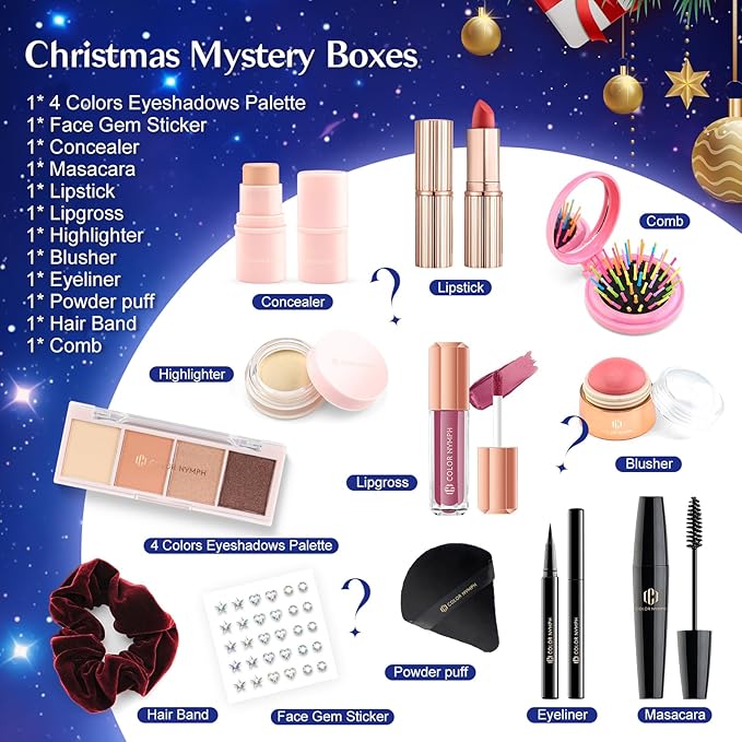 Color Nymph Make up Kit Mystery Boxes, 12PCS Makeup Kits For Christmas Tree Decors, Xmas Gift Makeup Set For Teens Girls Cosmetic Sets Blind Box Includ Eyeshadows Lipstick Mascara Tools etc - Purple