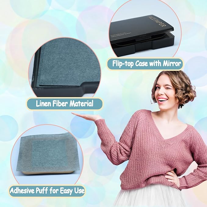 Oil Blotting Sheets for Face, 100Pcs Face Blotting Sheets for Oily Skin with Mirror & Makeup Puff, Natural Bamboo Charcoal Oil Control Film with little Storage Box (Green)