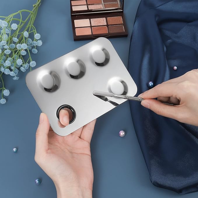 Professional Stainless Steel Makeup Palette,2 Pieces Cosmetic Palette with Spatula Tool, Nail-art Mixing Palette for Cosmetic Pigment Blending