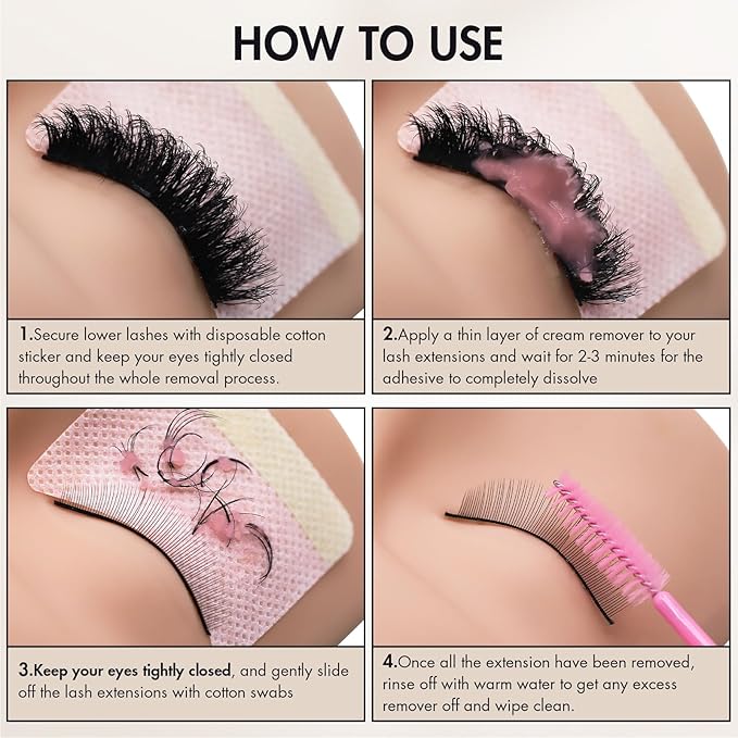 Lash Remover for Lash Extensions 10g No Burn Cream Remover With Micro Cotton Swabs and Eye Pad Sticker Professional Eyelash Extensions Lash Tech Salon Supplies