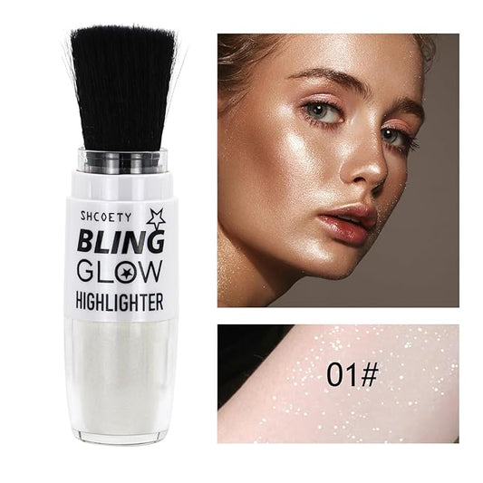 Face Highlighter Powder Stick, Pearl White Shimmer Glitter Loose Powder Brush Stick, Contouring Brighten Patting Powder Makeup for Face Body Cheeks, Longlasting Glow Highlighters Makeup