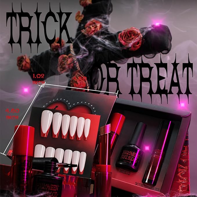 Halloween Fake Blood Makeup Kit Black Eyeshadow Grey Blue Lipstick Red French Press On Nails Realistic Vampire Blood for Eyes Mouth Nose Face Teeth Body Zombie SFX Cosplay Dress Up Accessories