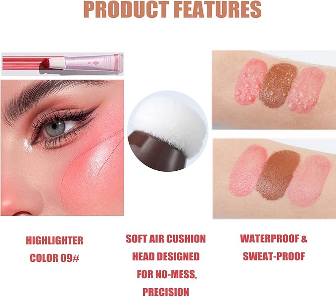 Highlighter Makeup, Liquid Highlighter Beauty Wand, Long Lasting Blendable Highlighter Stick Makeup with Cushion Applicator, 09, 0.68 Fl Oz