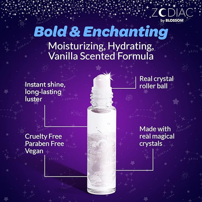 Blossom Lip Gloss Zodiac Sign Vanilla Scented Roll-On Lip Gloss, Moisturizing + Hydrating with Zodiac Crystals, Made in USA, 0.20oz, Libra