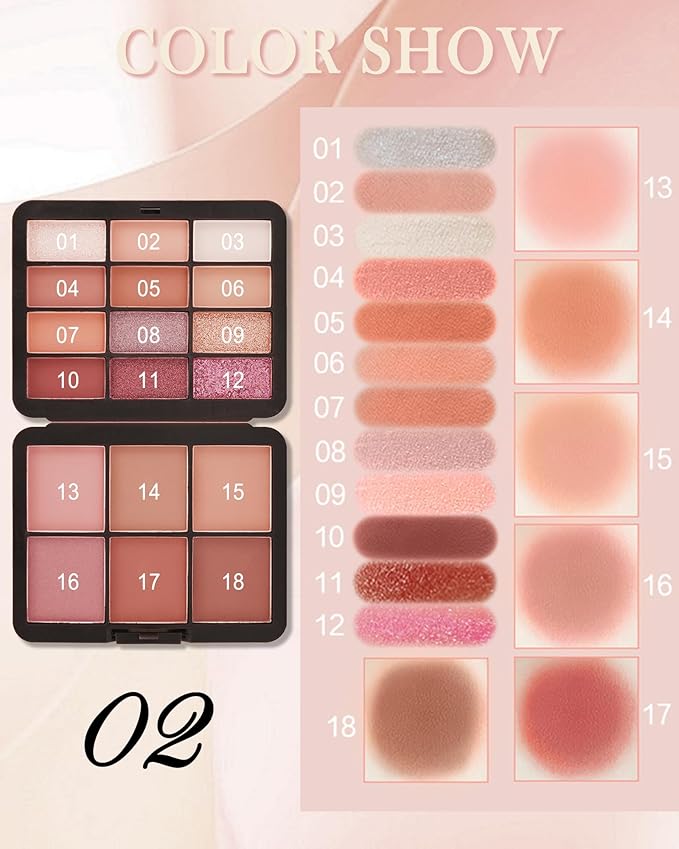 Glitter Matte Eyeshadow Blush Palette-18 Colors Multiuse Makeup Palette for Eye Cheeks,Long-lasting Waterproof Matte Shimmer Colored Portable Makeup,Mother's Day Makeup Gift Set for Women-02