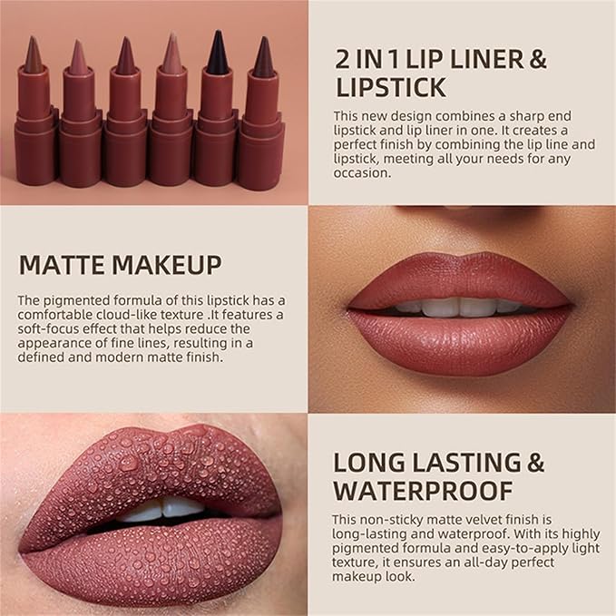 6 Colors 2 in 1 Gradient Lip Liner and Lipstick Lip Combo Set, Matte Nude Dark Brown Coffee Lip Liner Creamy Lip Pencil Crayon, High Pigmented Long lasting Lipstick Makeup Gifts for Women