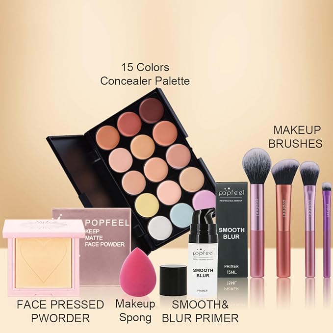 All in One Makeup Kit for Women Full Kit Girls Makeup Gift Sets Xmas Essential Bundle Include Eyeshadow Palette Lipstick Blush Concealer Eyeliner Mascara Foundation Brush Eyebrow Pencil