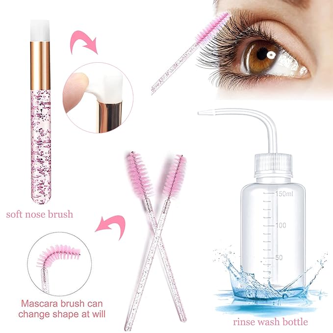 50ml Eyelash Extension Cleanser, Lash Shampoo for Lash Extensions 50pcs Eyelash Brush Cleaning Brush Makeup Remover Pad and Rinse Bottle for Lash Cleaning for Salon Home Use(Pink)