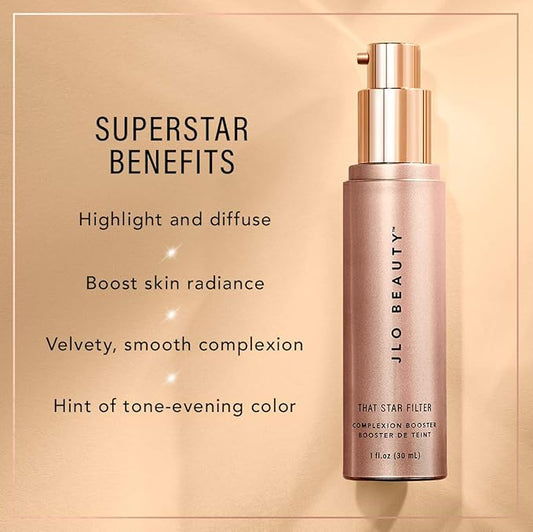JLO BEAUTY That Star Filter Complexion Booster Highlighter & Bronzing Drops, Pink Champagne, 1 fl oz, For Body & Face, Makeup Primer with Vitamin E, Lightweight Shimmer Sheer Formula, Dewy, Glowy Skin