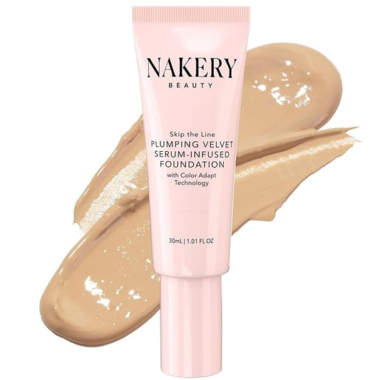 Nakery Full Coverage Foundation for Women - 5 in 1 Plumping Liquid Foundation Makeup - Serum Infused Makeup Foundation Smart Color Adapt with Niacinamide & Hyaluronic Acid for All Skin Types - Light