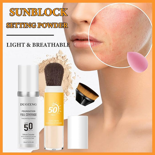 Sunscreen Setting Powder,Warm Change Foundation,Brush Setting Makeup SPF 50 PA++ for All Skin,Moisturizing Loose Face Powder with Sunscreen Brush