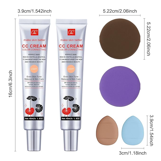 2 PCS Color Correcting CC Cream with Powder Puff 【SPF 25】, Light & Hydrating CC Cream Foundation with Centella Asiatica, Multi-Purpose for Even Skin Tone, Refine Skin Texture, SPF Protection (Light*2)