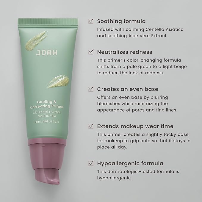 JOAH Cooling and Correcting Primer, Blurring and Cooling Face Primer, Centella Asiatica and Aloe Vera Extract to Reduce Redness, Help Calm Irritated Skin, Cruelty Free, 1.01 fl oz