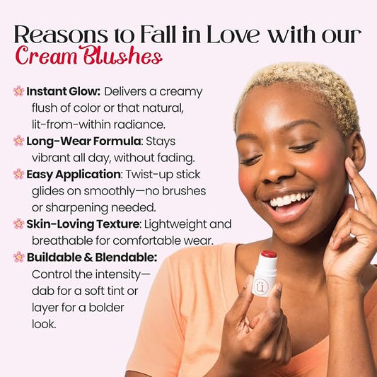 M2U NYC Red Cream Blush Stick – 3-in-1 Cream Blush for Cheeks, Lips & Eyes – Natural Dewy Finish with Shimmer – Lightweight Blusher for Cheeks, Buildable Formula Infused with Shea Butter