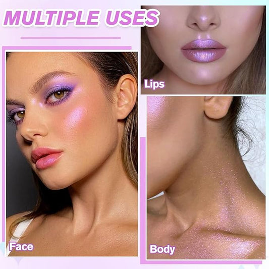 Highlighter Makeup Palette, Long Lasting New Formula, Translucent Purple Shimmer, Sheer White Base, Ideal for Face and Body Contour and Cheek Highlight (#02) Translucent Purple Shimmer