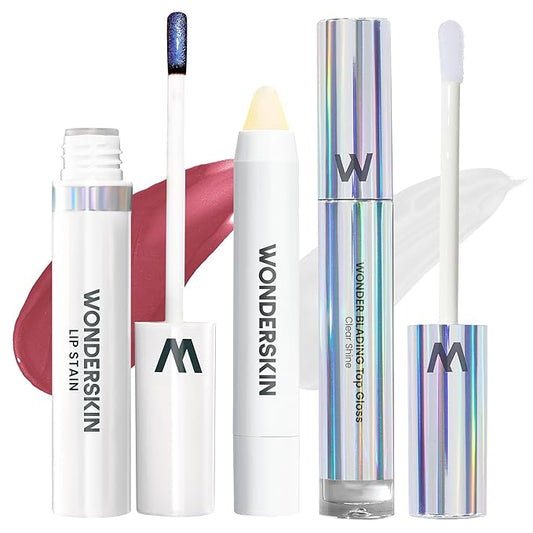 Wonderskin Lip Stain Peel Off Masque (Charming), with Lip Scrub and Clear Lip Gloss
